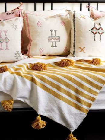 Handmade Moroccan Pom Pom Blanket in Yellow & White | Ouafra Catalog