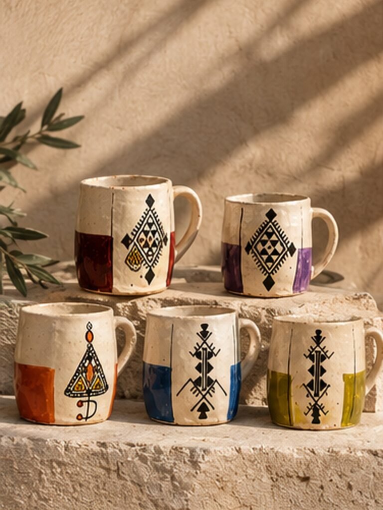 A collection of hand-painted mugs