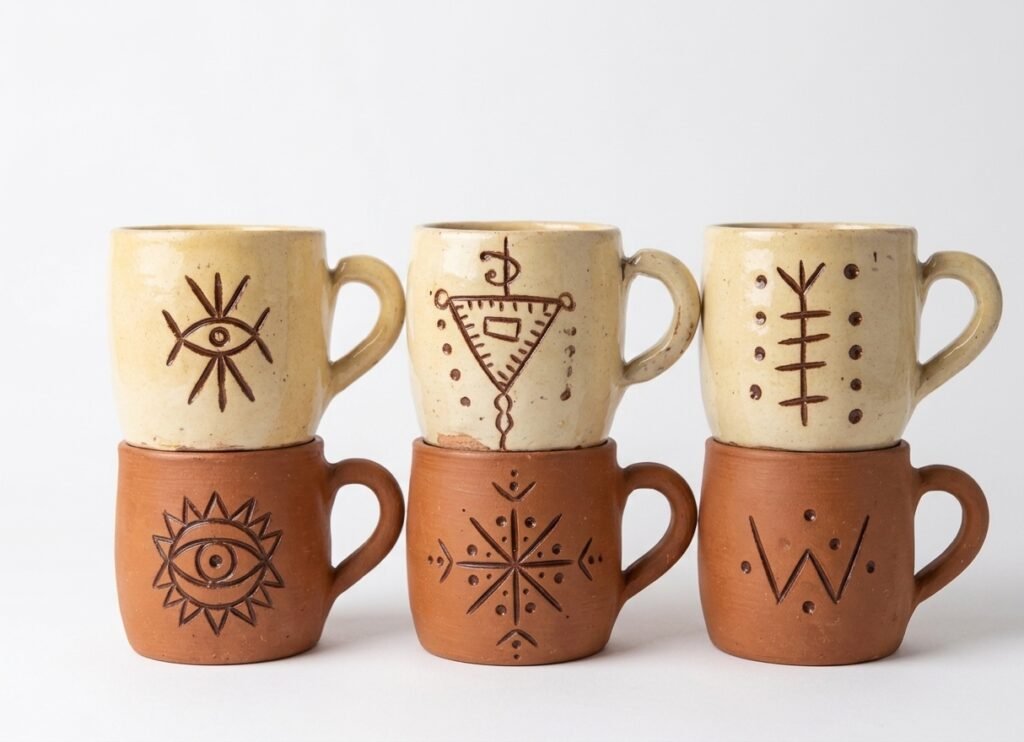 Hand-Carved Berber Symbol Mugs – Mixed Set of 6 or 12 | Safi Ceramic