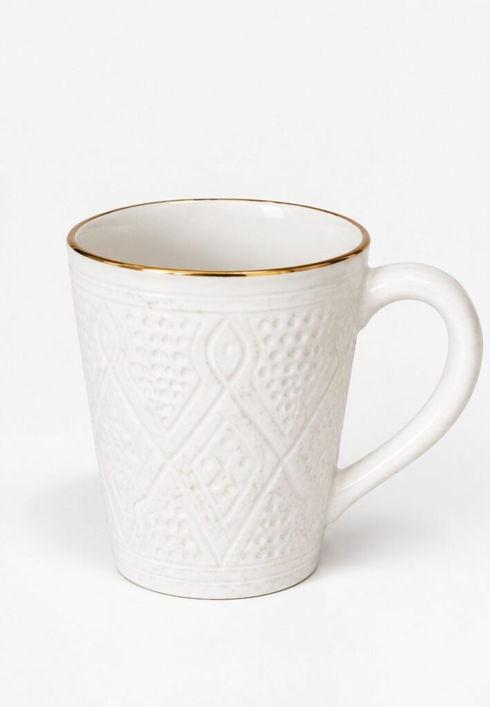 Carved Relief Ceramic Mug – 12-Carat Gold Rim Option | Safi Ceramic