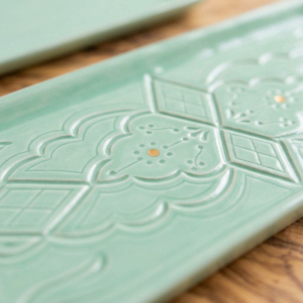 Rectangular ceramic plate with carved relief pattern, light green – handmade by Rachid in Safi, Morocco