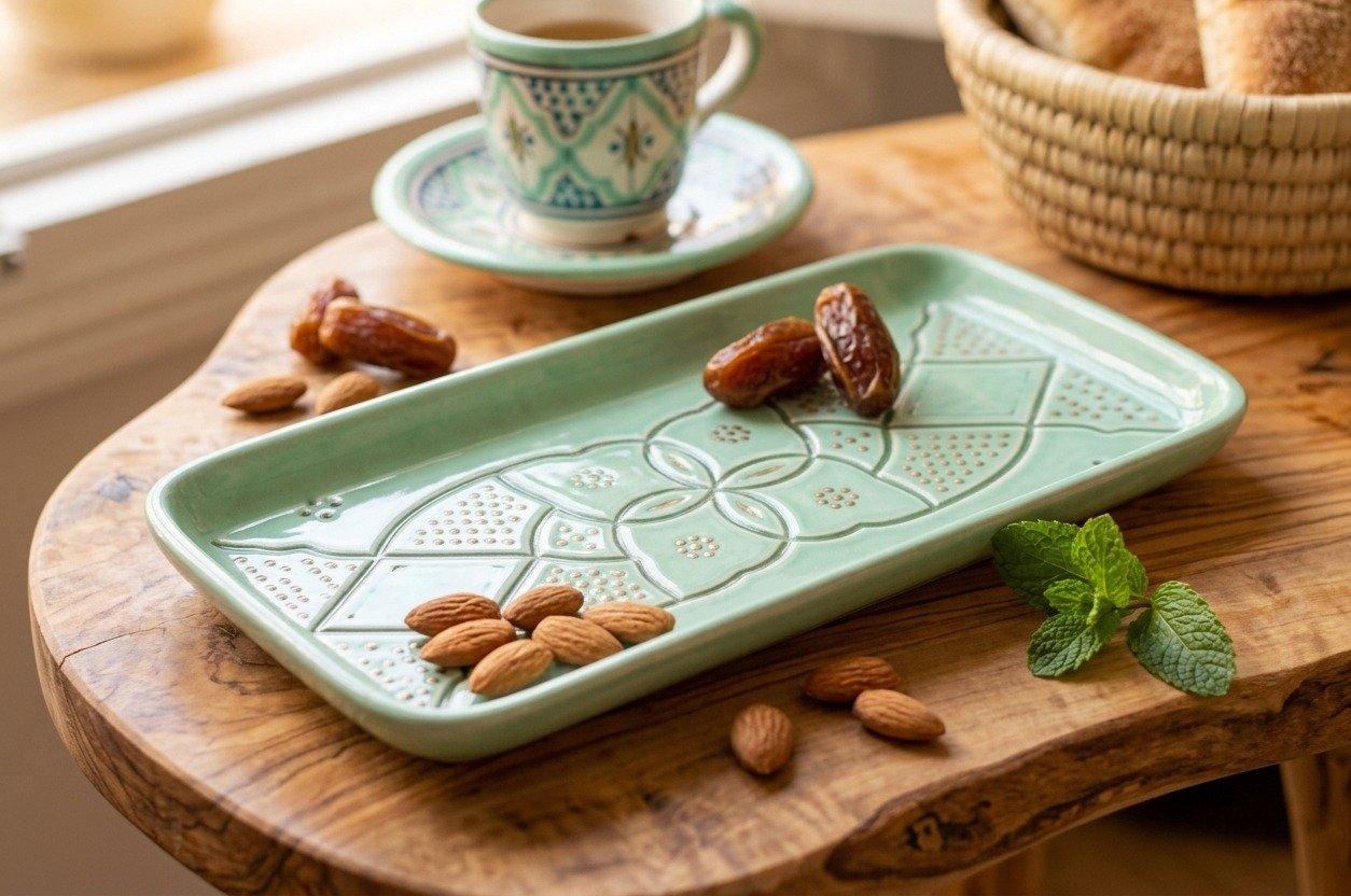 Rectangular ceramic plate with carved relief pattern, light green – handmade by Rachid in Safi, Morocco