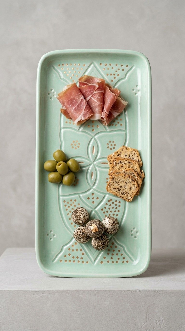 Rectangular ceramic plate with carved relief pattern, light green – handmade by Rachid in Safi, Morocco