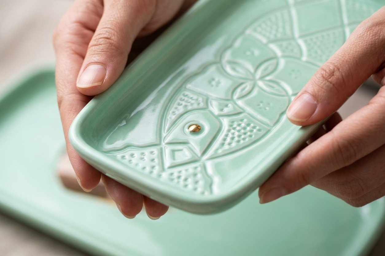 Rectangular ceramic plate with carved relief pattern, light green – handmade by Rachid in Safi, Morocco
