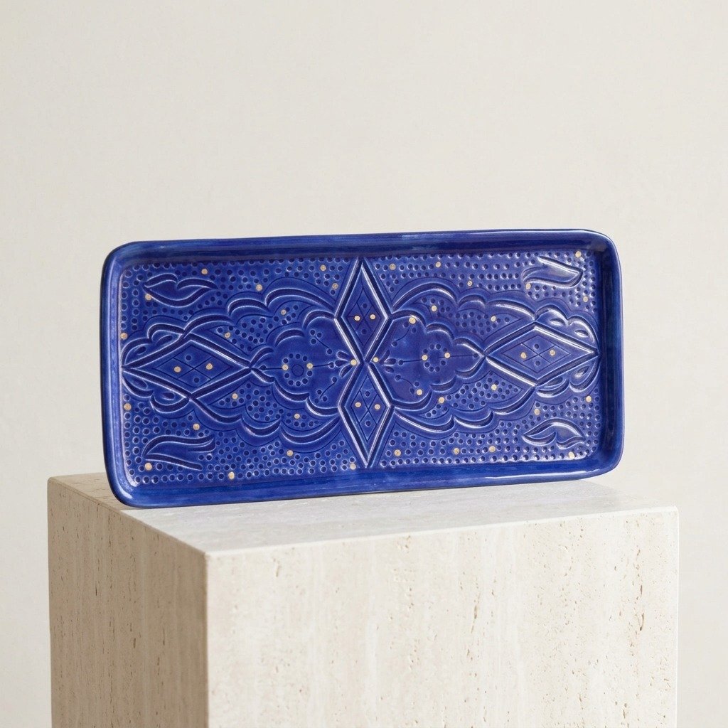 Rectangular ceramic plate with carved relief pattern, majorelle blue – handmade by Rachid in Safi, Morocco