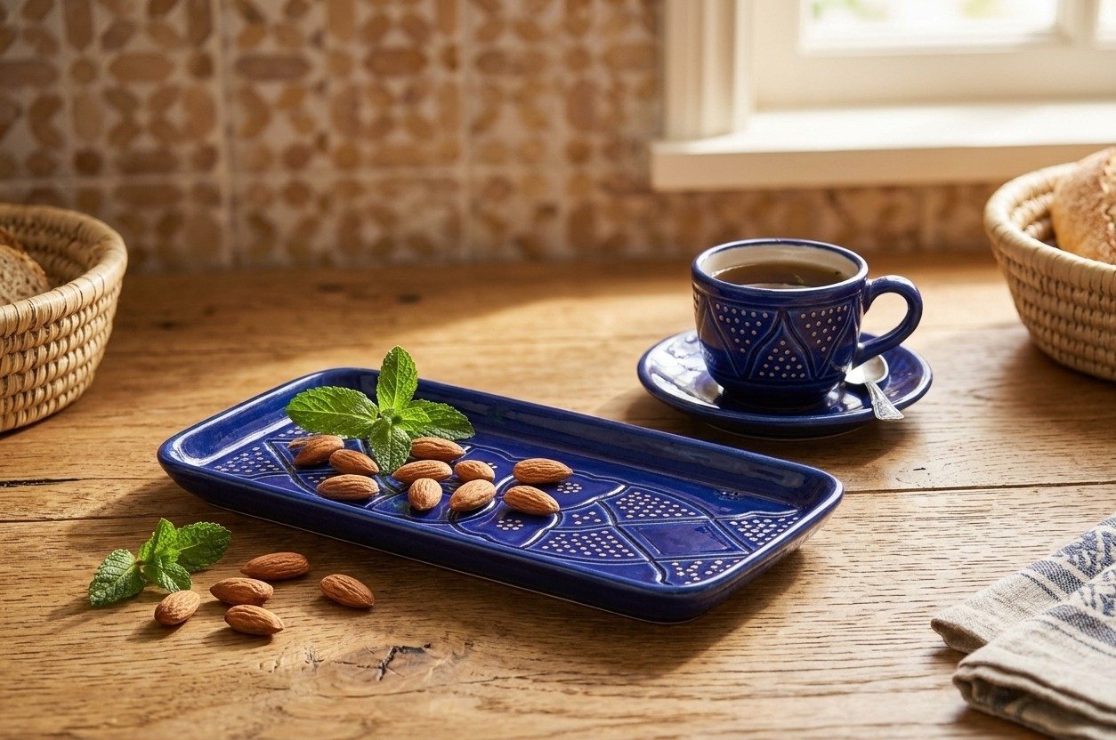 Rectangular ceramic plate with carved relief pattern, majorelle blue – handmade by Rachid in Safi, Morocco