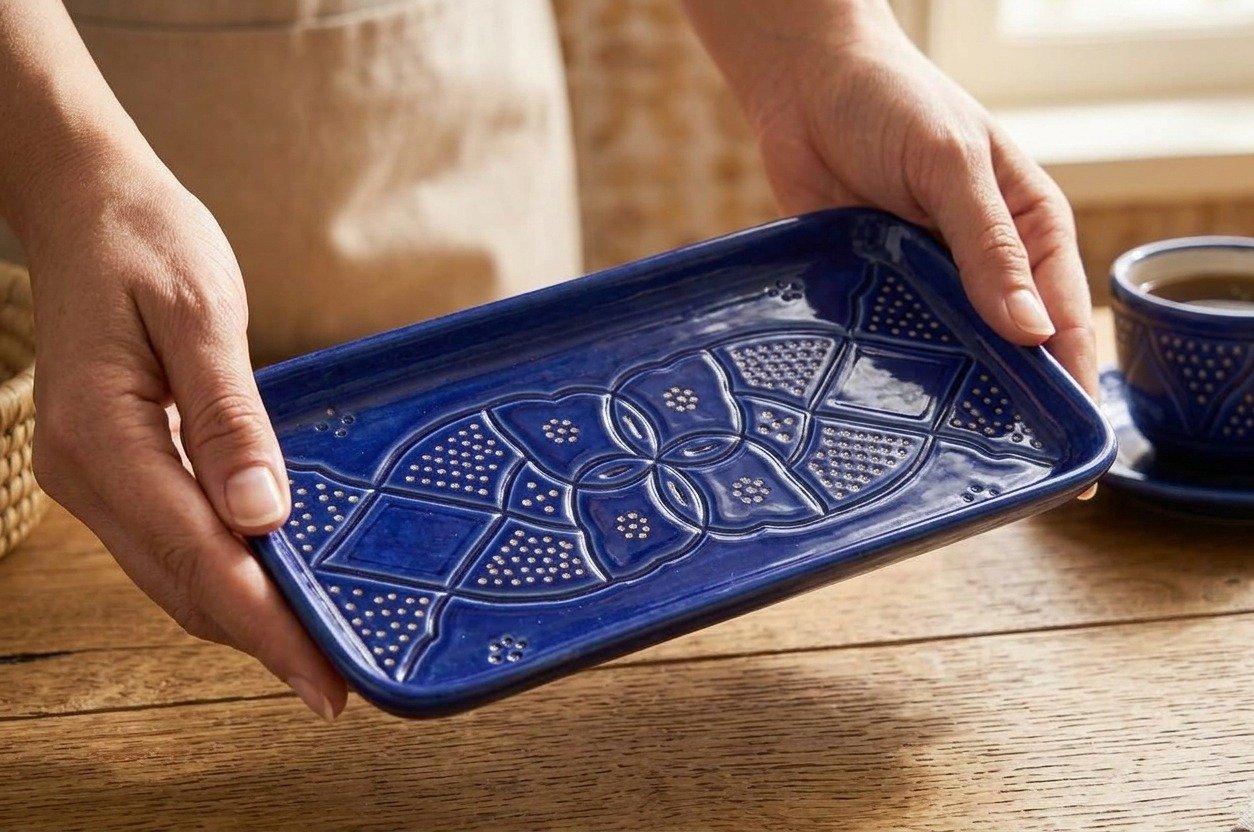 Rectangular ceramic plate with carved relief pattern, majorelle blue – handmade by Rachid in Safi, Morocco