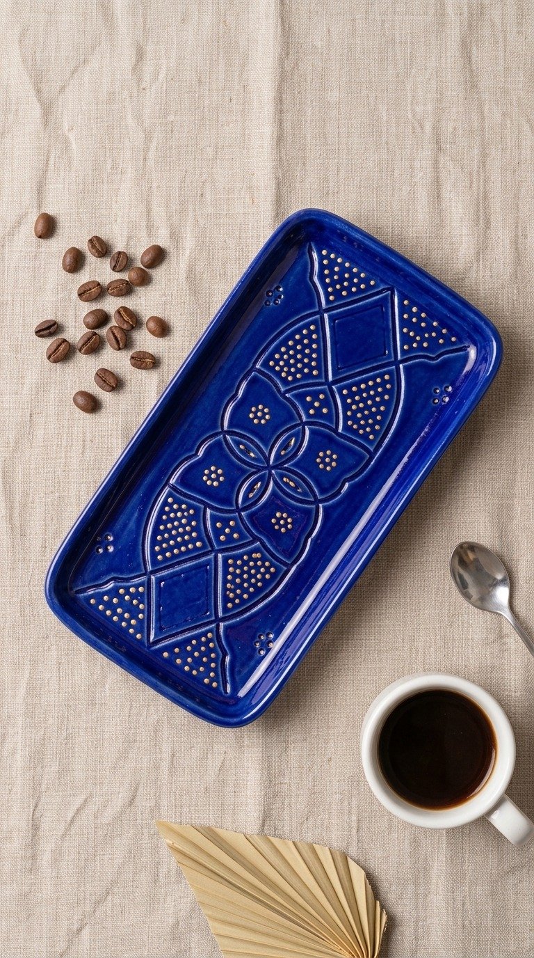 Rectangular ceramic plate with carved relief pattern, majorelle blue – handmade by Rachid in Safi, Morocco