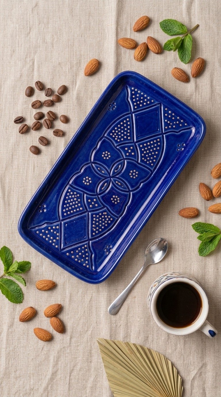 Rectangular ceramic plate with carved relief pattern, majorelle blue – handmade by Rachid in Safi, Morocco