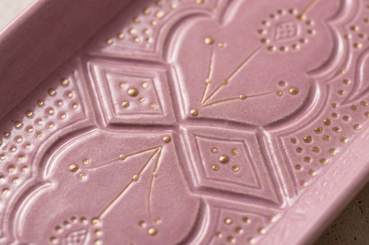 Rectangular ceramic plate with carved relief pattern, pink – handmade by Rachid in Safi, Morocco